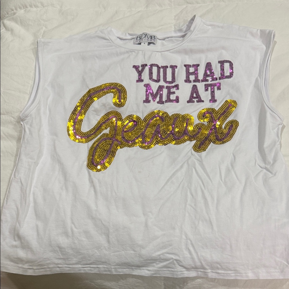 White Crop Top with Gold and Purple Accents